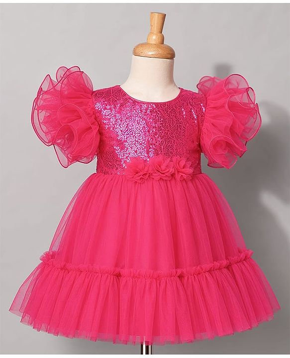 Babyhug Mesh Woven Frill Sleeves Solid Colour Sequinned Party Dress with Floral Applique -Fuchsia