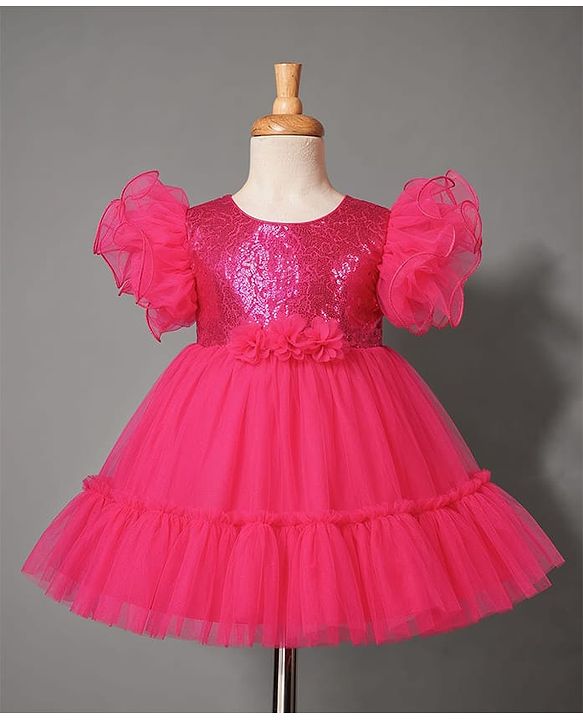 Babyhug Mesh Woven Frill Sleeves Solid Colour Sequinned Party Dress with Floral Applique -Fuchsia