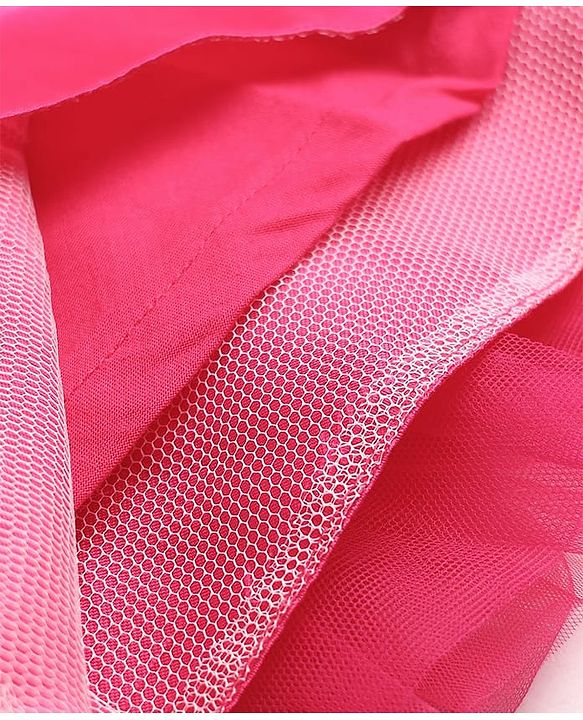 Babyhug Mesh Woven Frill Sleeves Solid Colour Sequinned Party Dress with Floral Applique -Fuchsia
