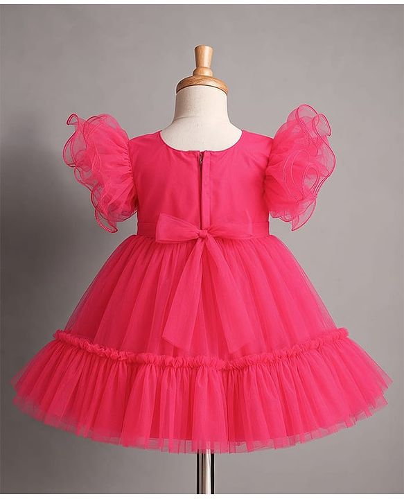 Babyhug Mesh Woven Frill Sleeves Solid Colour Sequinned Party Dress with Floral Applique -Fuchsia