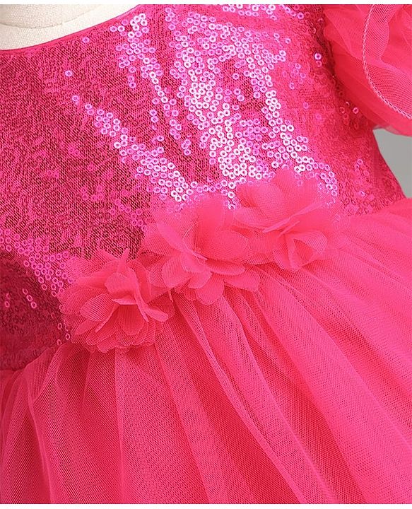 Babyhug Mesh Woven Frill Sleeves Solid Colour Sequinned Party Dress with Floral Applique -Fuchsia