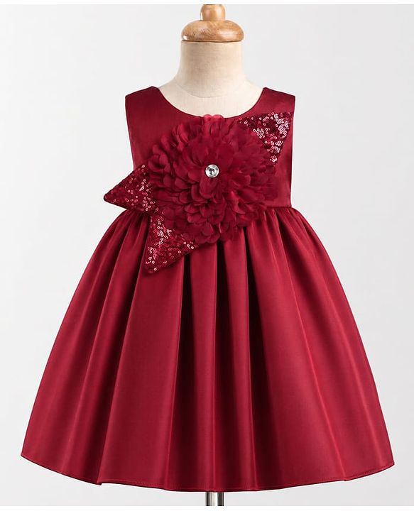 Babyhug  Mesh Woven Sleeveless Party Dress With Sequin Detailing & Floral Applique - Maroon