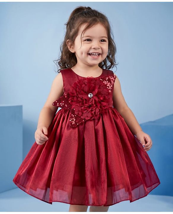 Babyhug  Mesh Woven Sleeveless Party Dress With Sequin Detailing & Floral Applique - Maroon