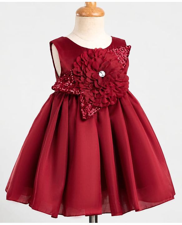Babyhug  Mesh Woven Sleeveless Party Dress With Sequin Detailing & Floral Applique - Maroon