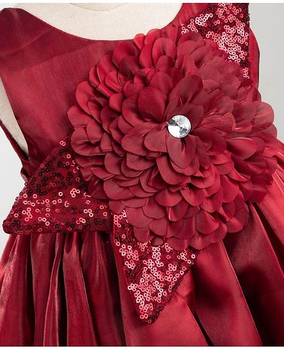 Babyhug  Mesh Woven Sleeveless Party Dress With Sequin Detailing & Floral Applique - Maroon