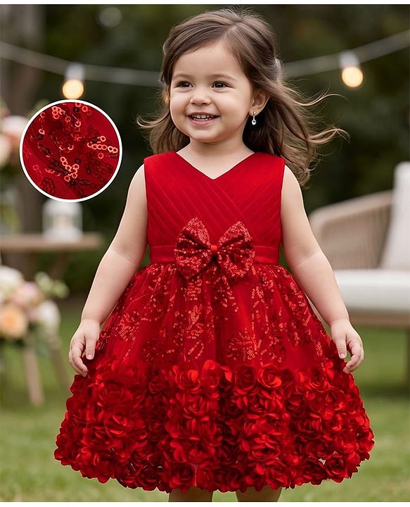 Babyhug  Mesh Woven Sleeveless Party Dress With Sequin Detailing & Floral Corsage - Red