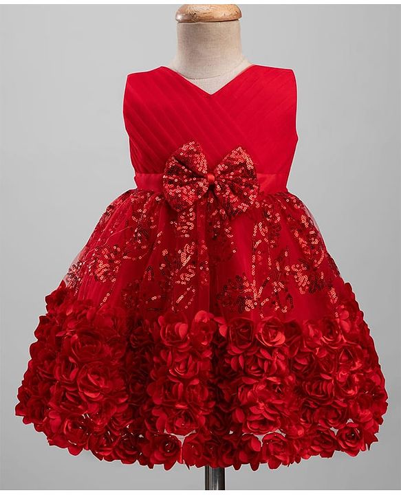 Babyhug  Mesh Woven Sleeveless Party Dress With Sequin Detailing & Floral Corsage - Red