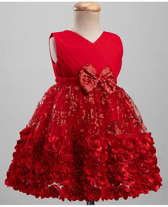 Babyhug  Mesh Woven Sleeveless Party Dress With Sequin Detailing & Floral Corsage - Red