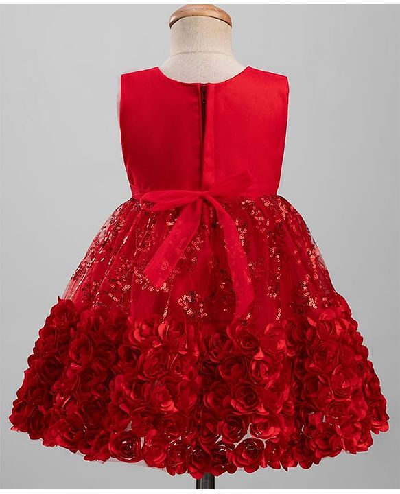 Babyhug  Mesh Woven Sleeveless Party Dress With Sequin Detailing & Floral Corsage - Red