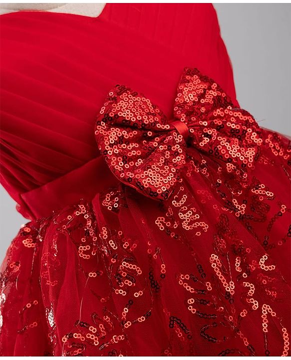Babyhug  Mesh Woven Sleeveless Party Dress With Sequin Detailing & Floral Corsage - Red