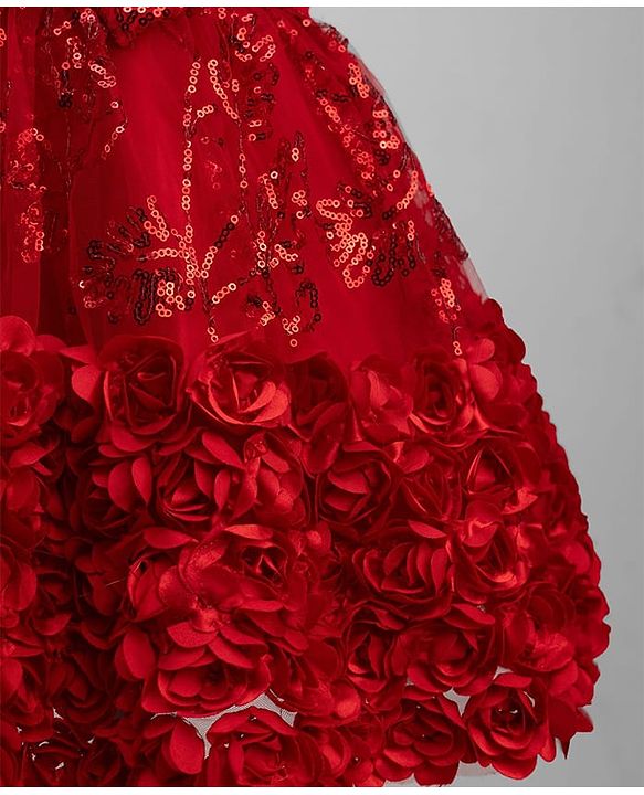 Babyhug  Mesh Woven Sleeveless Party Dress With Sequin Detailing & Floral Corsage - Red