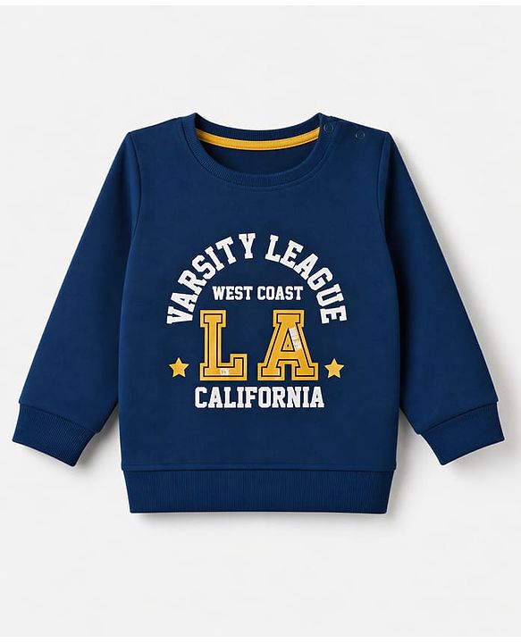 Babyhug Terry Knit Full Sleeves Text Printed T-Shirt & Jogger Set - Navy Blue & Yellow