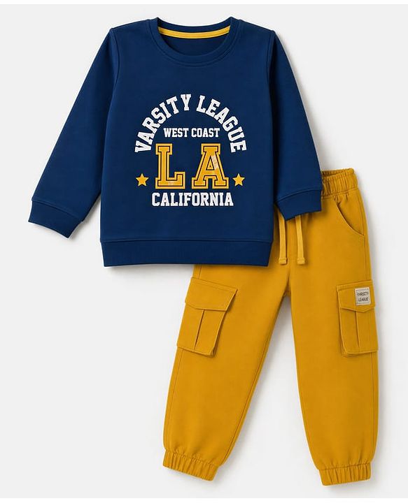 Babyhug Terry Knit Full Sleeves Text Printed T-Shirt & Jogger Set - Navy Blue & Yellow