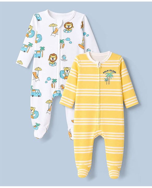 Babyhug 100% Cotton Knit Full Sleeves Front Open Striped Sleepsuit With Beach & Animal Print Pack of 2 - White & Yellow