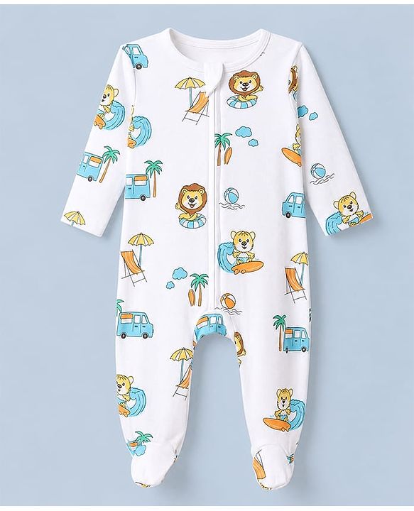 Babyhug 100% Cotton Knit Full Sleeves Front Open Striped Sleepsuit With Beach & Animal Print Pack of 2 - White & Yellow