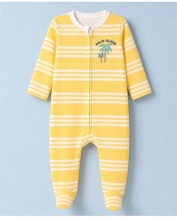 Babyhug 100% Cotton Knit Full Sleeves Front Open Striped Sleepsuit With Beach & Animal Print Pack of 2 - White & Yellow