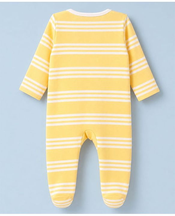 Babyhug 100% Cotton Knit Full Sleeves Front Open Striped Sleepsuit With Beach & Animal Print Pack of 2 - White & Yellow