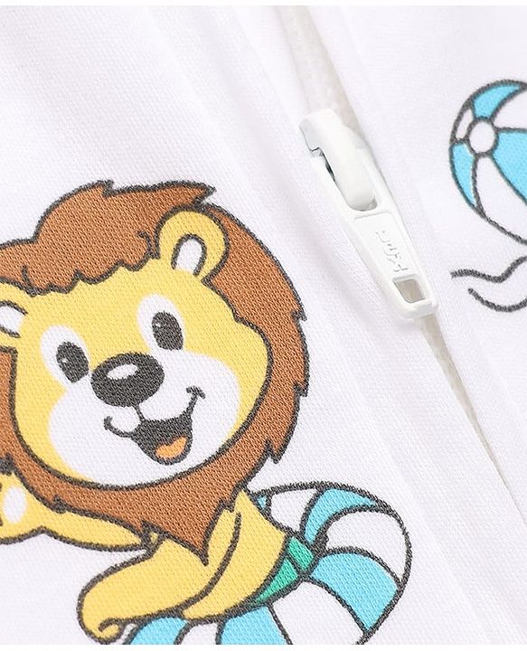 Babyhug 100% Cotton Knit Full Sleeves Front Open Striped Sleepsuit With Beach & Animal Print Pack of 2 - White & Yellow