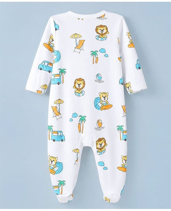 Babyhug 100% Cotton Knit Full Sleeves Front Open Striped Sleepsuit With Beach & Animal Print Pack of 2 - White & Yellow