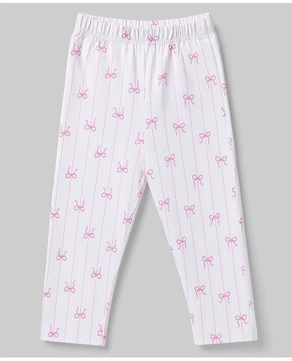Babyhug 100% Cotton Knit Full Sleeves Striped Co-Ords Top & Pyjama Night Suit with Bow Print - White