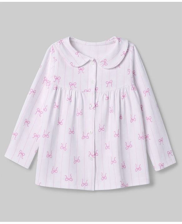 Babyhug 100% Cotton Knit Full Sleeves Striped Co-Ords Top & Pyjama Night Suit with Bow Print - White