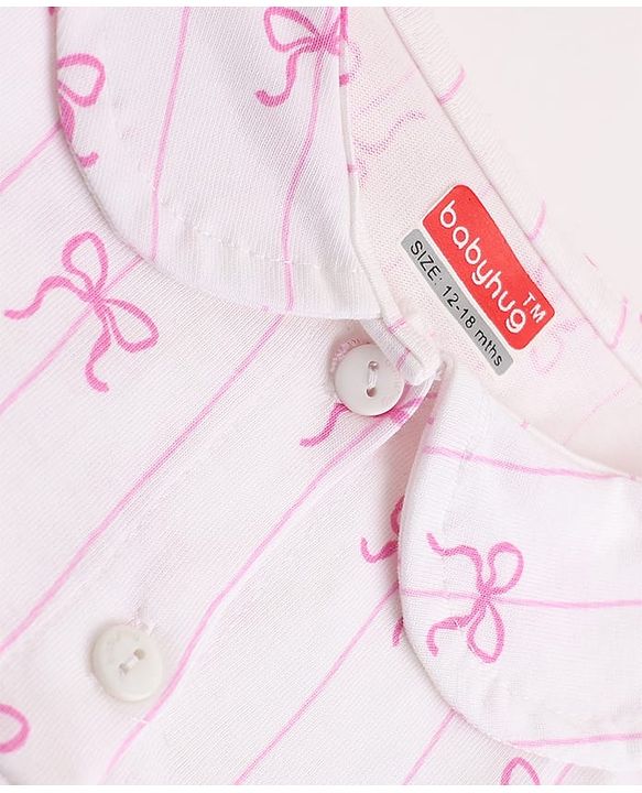 Babyhug 100% Cotton Knit Full Sleeves Striped Co-Ords Top & Pyjama Night Suit with Bow Print - White
