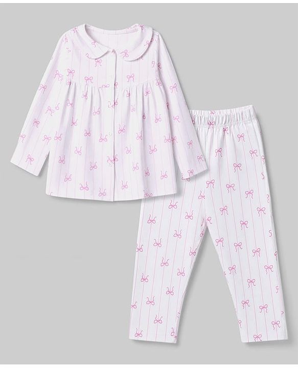 Babyhug 100% Cotton Knit Full Sleeves Striped Co-Ords Top & Pyjama Night Suit with Bow Print - White