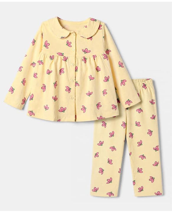 Babyhug Cotton Knit Front Open Full Sleeves Shirt & Pyjama Co-Ords Night Suit With Floral Print - Yellow