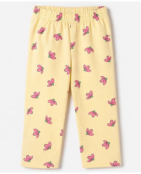 Babyhug Cotton Knit Front Open Full Sleeves Shirt & Pyjama Co-Ords Night Suit With Floral Print - Yellow
