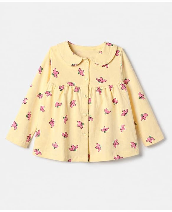Babyhug Cotton Knit Front Open Full Sleeves Shirt & Pyjama Co-Ords Night Suit With Floral Print - Yellow