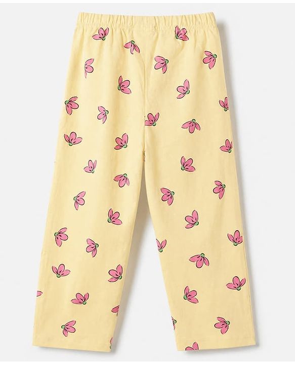Babyhug Cotton Knit Front Open Full Sleeves Shirt & Pyjama Co-Ords Night Suit With Floral Print - Yellow
