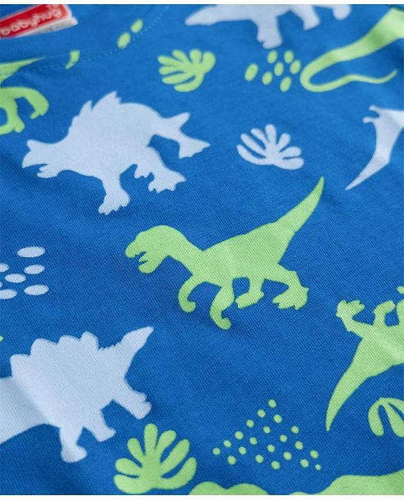 Babyhug Cotton Knit Full Sleeves Co-ord T-Shirt & Pajama Night Suit with Dinosaurs Print - Blue