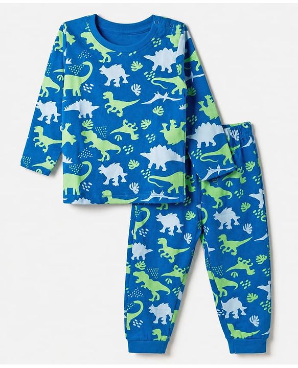 Babyhug Cotton Knit Full Sleeves Co-ord T-Shirt & Pajama Night Suit with Dinosaurs Print - Blue