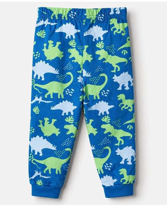 Babyhug Cotton Knit Full Sleeves Co-ord T-Shirt & Pajama Night Suit with Dinosaurs Print - Blue