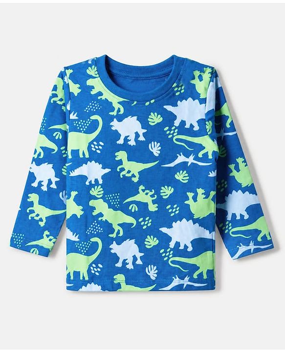 Babyhug Cotton Knit Full Sleeves Co-ord T-Shirt & Pajama Night Suit with Dinosaurs Print - Blue