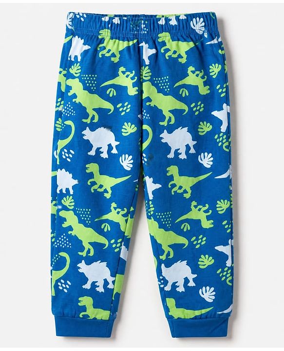Babyhug Cotton Knit Full Sleeves Co-ord T-Shirt & Pajama Night Suit with Dinosaurs Print - Blue