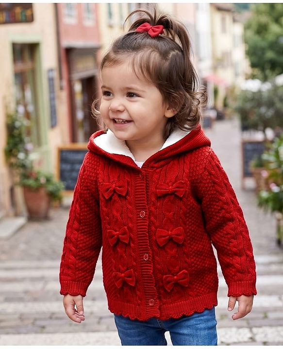 Babyhug Knit Full Sleeves Front Open Hooded Sweater with Bow Applique & Cable Knit Design in Maroon