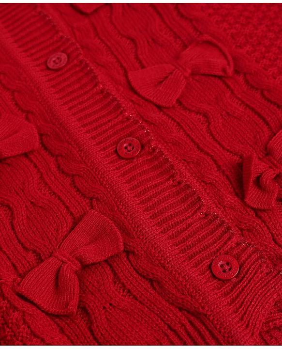 Babyhug Knit Full Sleeves Front Open Hooded Sweater with Bow Applique & Cable Knit Design in Maroon