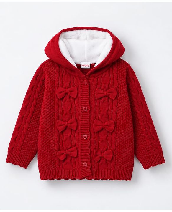 Babyhug Knit Full Sleeves Front Open Hooded Sweater with Bow Applique & Cable Knit Design in Maroon