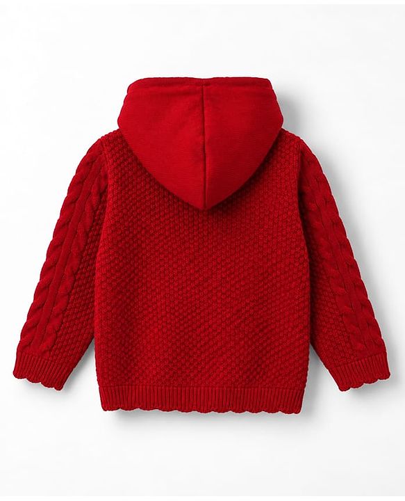 Babyhug Knit Full Sleeves Front Open Hooded Sweater with Bow Applique & Cable Knit Design in Maroon