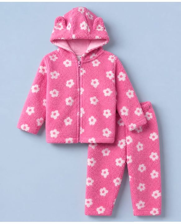 Babyhug Woven Full Sleeves Co-ord Hooded Sweater and Pant Winter Set with Floral Print - Pink