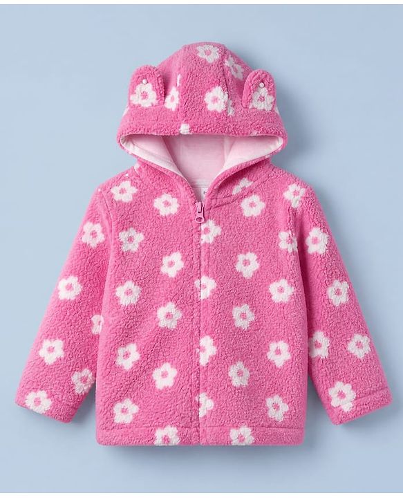 Babyhug Woven Full Sleeves Co-ord Hooded Sweater and Pant Winter Set with Floral Print - Pink