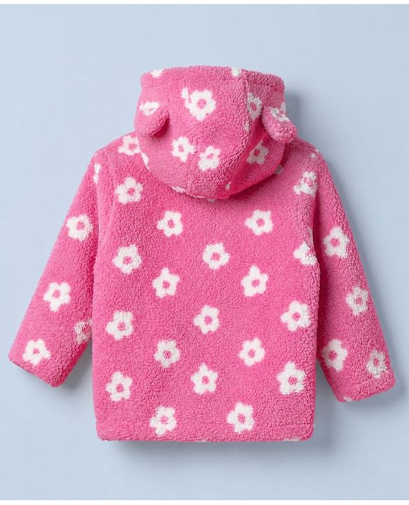 Babyhug Woven Full Sleeves Co-ord Hooded Sweater and Pant Winter Set with Floral Print - Pink