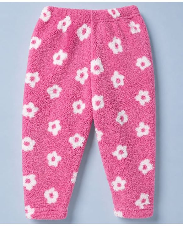 Babyhug Woven Full Sleeves Co-ord Hooded Sweater and Pant Winter Set with Floral Print - Pink