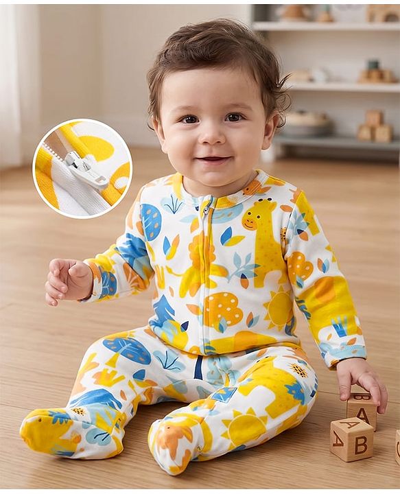 Babyhug 100% Cotton Knit Full Sleeves Sleepsuit with Animal & Tropical Print - Yellow