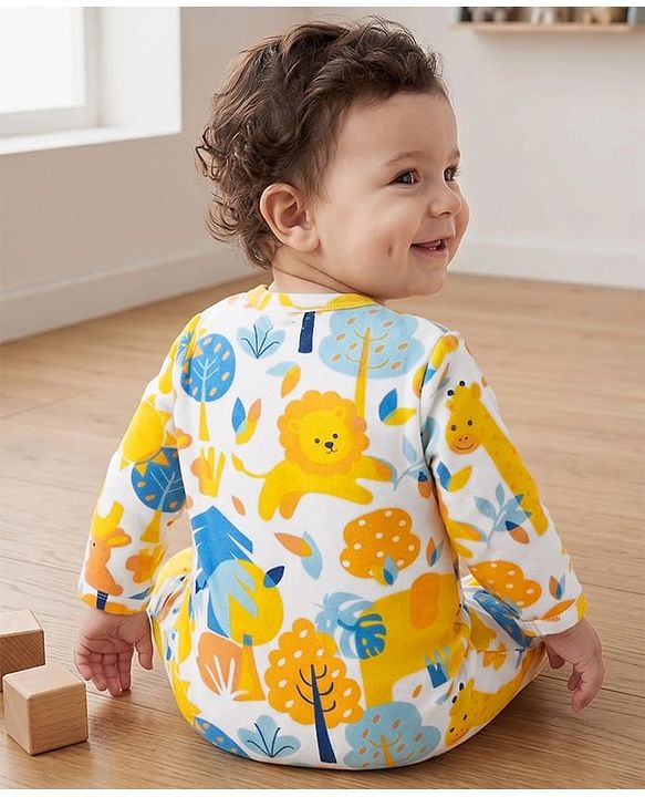 Babyhug 100% Cotton Knit Full Sleeves Sleepsuit with Animal & Tropical Print - Yellow