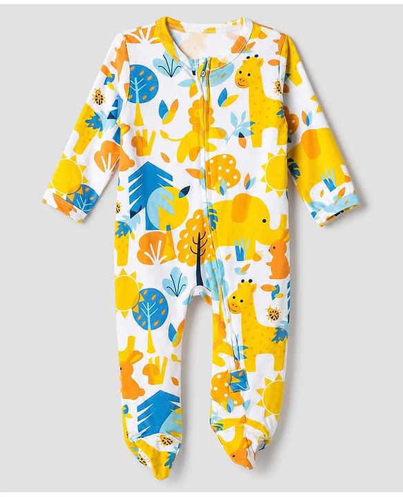 Babyhug 100% Cotton Knit Full Sleeves Sleepsuit with Animal & Tropical Print - Yellow
