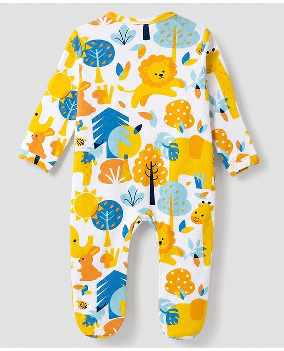 Babyhug 100% Cotton Knit Full Sleeves Sleepsuit with Animal & Tropical Print - Yellow