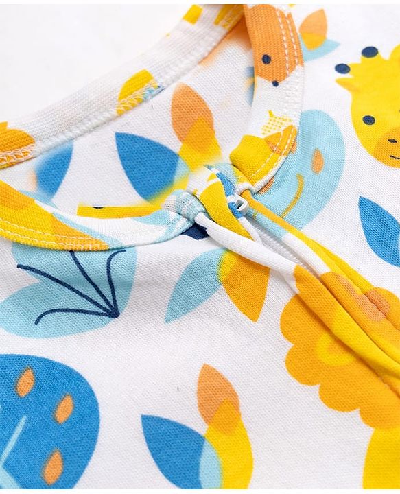 Babyhug 100% Cotton Knit Full Sleeves Sleepsuit with Animal & Tropical Print - Yellow