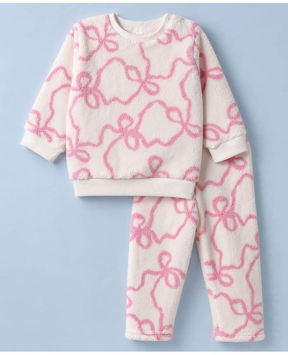Babyhug Fur Woven Full Length Printed Winter Wear Co-Ords Suit - Pink